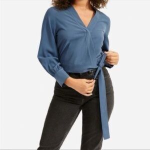 Everlane Silk Wrap Too Blouse NWT Long Sleeve Size 12 Blue Green Grey New Boho